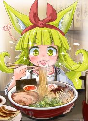 Rule 34 | 1girl, :d, alternate hair ornament, animal ears, blonde hair, blunt bangs, blush, bow, bowl, chives, chopsticks, commentary request, desk, doitsuken, dress, dumpling, egg, fangs, flying sweatdrops, food, food request, fox child (doitsuken), fox ears, hair bow, hairband, heart, heart in mouth, highres, holding, holding chopsticks, jiaozi, long sleeves, looking down, meat, noodles, open mouth, original, plate, ramen, seaweed, short eyebrows, short hair, sitting, smile, solo, thick eyebrows, white dress, yellow eyes