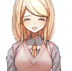 Rule 34 | 1girl, ahoge, akamatsu kaede, arms at sides, blonde hair, breasts, closed eyes, collared shirt, commentary request, danganronpa (series), danganronpa v3: killing harmony, eighth note, facing viewer, fortissimo, hair ornament, long hair, long sleeves, mdr (mdrmdr1003), musical note, musical note hair ornament, necktie, open mouth, orange necktie, pink vest, shirt, simple background, solo, sweater vest, upper body, vest, white background, white shirt