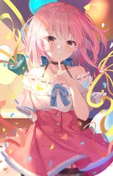 Rule 34 | 1girl, black choker, blue ribbon, blush, choker, closed mouth, collarbone, commentary request, date a live, hand up, highres, index finger raised, looking at viewer, pink eyes, ribbon, short sleeves, smile, solo, sonogami rinne, zhongwu chahui