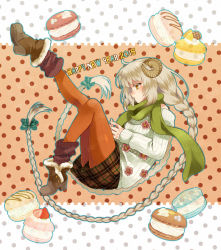 Rule 34 | 1girl, bare shoulders, boots, braid, brown eyes, commentary request, dotted background, food, green scarf, happy new year, horns, irouha, leg up, long braid, long hair, macaron, new year, orange socks, original, platinum blonde hair, scarf, sheep horns, skirt, socks, sweater