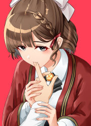 Rule 34 | 1girl, asahi (kancolle), breasts, brown hair, coat, collared shirt, dress shirt, finger in another&#039;s mouth, finger sucking, grey eyes, hair ribbon, hand grab, highres, kamelie, kantai collection, large breasts, long sleeves, mole, mole under mouth, red coat, ribbon, shirt, short hair, solo focus, white ribbon