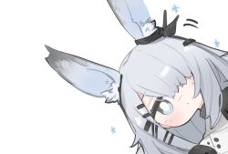 Rule 34 | 1girl, animal ear fluff, animal ears, arknights, black gloves, blue eyes, chibi, closed mouth, expressionless, frostnova (arknights), gloves, grey hair, hair ornament, hair over one eye, hairclip, mikozin, peeking out, rabbit ears, simple background, snowflakes, solo, white background