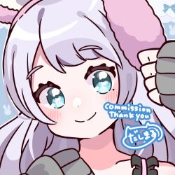 Rule 34 | 1girl, blue eyes, blush, character request, commission, dasimaru000000, dot nose, english text, eyebrows, female focus, grey hair, looking at viewer, signature, skeb commission, smile, solo