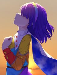 Rule 34 | 1girl, belt, blue hair, breasts, brown belt, c i an, cloak, closed mouth, commentary request, dress, from side, hair over eyes, hairband, hands on own chest, highres, long sleeves, looking up, multicolored clothes, multicolored dress, multicolored hairband, patchwork clothes, puffy sleeves, rainbow gradient, short hair, sky print, small breasts, smile, solo, sunset, tenkyuu chimata, touhou, upper body, white cloak, zipper