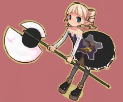 Rule 34 | 1girl, archer (disgaea), axe, bare shoulders, blonde hair, blue eyes, demon girl, disgaea, drill hair, looking at viewer, mota, nippon ichi, pink background, pointy ears, solo, twin drills, weapon