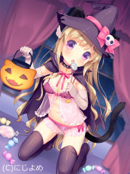 Rule 34 | 1girl, animal ears, babydoll, basket, black cape, black choker, black hat, black thighhighs, blonde hair, blush, bow, bow bra, bra, breasts, candy, cape, cat ears, cat girl, cat tail, choker, collarbone, curtains, ears through headwear, elbow gloves, food, gloves, halloween bucket, hat, hat bow, head tilt, holding, holding basket, indoors, jack-o&#039;-lantern, licking, lollipop, long hair, looking at viewer, medium breasts, official art, panties, parted lips, pink bow, pink ribbon, purple bra, purple eyes, purple panties, ribbon, saliva, see-through, skull, solo, swirl lollipop, tail, thighhighs, tongue, tongue out, underwear, usashiro mani, valhalla valkyries, very long hair, white gloves, window, wing hair ornament, witch hat