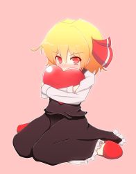 Rule 34 | 1girl, blonde hair, blush, cassandra (seishun katsu sando), covering own mouth, embodiment of scarlet devil, female focus, frown, hair ribbon, heart, highres, hugging object, looking at viewer, red eyes, ribbon, rumia, short hair, sitting, slippers, solo, touhou, wariza