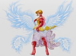 Rule 34 | 1girl, angel wings, armor, armored dress, boots, breastplate, brown hair, feathered wings, from behind, full body, grey background, hand on own hip, looking back, monster, necktie, official art, ooba wakako, raftina, red necktie, short hair, shoulder pads, simple background, white wings, wild arms, wild arms 1, wings