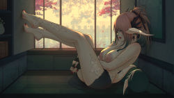 Rule 34 | 1girl, au ra, autumn leaves, barefoot, breasts, brown hair, closed eyes, dragon horns, dragon tail, earrings, feather hair ornament, feathers, final fantasy, final fantasy xiv, fingerless gloves, gloves, gradient hair, hair ornament, highres, horns, indoors, jewelry, large areolae, large breasts, lips, long hair, multicolored hair, nail polish, nipples, plexi, ponytail, scales, see-through, sitting, skirt, solo, soranamae, tail, thighs, window