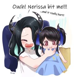 Rule 34 | 2girls, aged down, armchair, biting, black hair, blue dress, blue hair, blush, chair, charlie bit my finger (meme), child, closed eyes, colored inner hair, demon horns, dress, finger biting, finger in another&#039;s mouth, green hair, hair over one eye, highres, hololive, hololive english, horns, kivo, lightning bolt symbol, malpha ravencroft, medium hair, meme, mole, multicolored hair, multiple girls, nerissa ravencroft, on chair, open mouth, pain, red eyes, short sleeves, siblings, sidelocks, simple background, sisters, sitting, twintails, two-tone hair, virtual youtuber, wavy mouth, white background, white dress