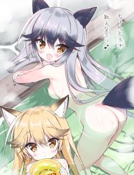 Rule 34 | 10s, 2girls, animal ears, arm support, ass, bath, blonde hair, blush, breasts, brown eyes, crossed arms, ezo red fox (kemono friends), food, fox ears, fox tail, from above, from behind, holding, japari bun, kemono friends, kneeling, leaning forward, long hair, looking back, looking up, multiple girls, nude, onsen, open mouth, partially submerged, sideboob, silver fox (kemono friends), silver hair, smile, steam, tail, takahashi tetsuya, very long hair, water