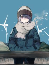Rule 34 | 1girl, absurdres, beanie, black pants, blue hair, blue jacket, blue sky, blurry, closed mouth, commentary request, day, depth of field, enpera, eyes visible through hair, hair over one eye, hands in pockets, hat, highres, jacket, light smile, looking at viewer, maegami (daisuki oekaki1), mountainous horizon, outdoors, pants, purple eyes, scarf, shima rin, sky, solo, standing, straight-on, white scarf, wind turbine, windmill, winter clothes, yurucamp
