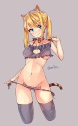 Rule 34 | 1girl, animal ears, bell, blonde hair, blue eyes, bra, cat cutout, cat ear panties, cat ears, cat lingerie, cat tail, choker, cleavage cutout, clothing cutout, groin, highres, jingle bell, long hair, meme attire, navel, neck bell, original, orihi chihiro, panties, side-tie panties, skindentation, solo, tail, thighhighs, twintails, underwear, underwear only