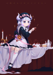 Rule 34 | 10s, 1girl, alternate costume, apron, bad id, bad pixiv id, beads, black dress, black footwear, blue eyes, blunt bangs, blush, bonnet, bow, cake, candle, candlestand, copyright name, dragon girl, dragon horns, dress, enmaided, food, fruit, full body, hair beads, hair ornament, highres, holding, horns, kanna kamui, kobayashi-san chi no maidragon, long hair, long sleeves, maid, maid apron, mio-muo1206, shoes, silver hair, simple background, sitting, solo, sparkle, strawberry, table, teapot, twintails, white apron, white legwear