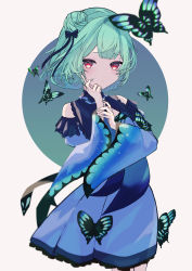 Rule 34 | 1girl, absurdres, animal print, blue dress, blue ribbon, blue sleeves, bow, bug, butterfly, butterfly print, cowboy shot, detached collar, detached sleeves, dot mouth, double bun, dress, dress bow, green hair, hair bun, hair ribbon, highres, hololive, insect, juliet sleeves, long sleeves, looking at viewer, madara jya, medium hair, puffy sleeves, red eyes, ribbon, short dress, solo, strapless, strapless dress, uruha rushia, uruha rushia (1st costume), virtual youtuber, wide sleeves