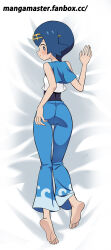 Rule 34 | 1girl, arm up, barefoot, bed sheet, bell-bottoms, blue eyes, blue hair, blue pants, blue sailor collar, blush, bright pupils, closed mouth, commentary request, creatures (company), dakimakura (medium), fanbox username, feet, freckles, from above, full body, game freak, hairband, hand up, highres, knees together feet apart, lana (pokemon), looking back, mangamaster, nintendo, no sclera, one-piece swimsuit, pants, pokemon, pokemon sm, sailor collar, shirt, short hair, sleeveless, sleeveless shirt, soles, solo, swimsuit, swimsuit under clothes, toes, watermark, wave print, web address, white pupils, white shirt, yellow hairband