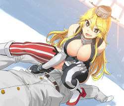 Rule 34 | 10s, 1boy, 1girl, admiral (kancolle), black panties, blonde hair, blue eyes, boots, breasts, chain, cleavage, dutch angle, elbow gloves, fingerless gloves, front-tie top, garter straps, gloves, hair between eyes, head out of frame, headgear, high heel boots, high heels, indoors, iowa (kancolle), kantai collection, large breasts, long hair, military, military uniform, miniskirt, naval uniform, open mouth, panties, pantyshot, same no fukahire, skirt, squatting, star-shaped pupils, star (symbol), striped clothes, striped thighhighs, sunlight, symbol-shaped pupils, thighhighs, underwear, uniform, vertical-striped clothes, vertical-striped thighhighs, white footwear, window
