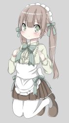 Rule 34 | 1girl, apron, blush, bow, brown footwear, brown hair, brown skirt, center frills, closed mouth, commentary request, frills, full body, green bow, green eyes, green shirt, grey background, hair between eyes, hair bow, hamada pengin, highres, kneeling, long hair, long sleeves, looking at viewer, maid, maid headdress, original, pantyhose, pleated skirt, shirt, shoes, sidelocks, simple background, skirt, solo, striped, striped bow, twintails, very long hair, waist apron, white apron, white pantyhose