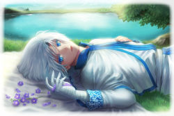 Rule 34 | 1boy, akatsuki no yona, bandages, bandaged arm, blue eyes, colored eyelashes, day, flower, grass, highres, kija (akatsuki no yona), kumanoe, looking at viewer, lying, male focus, on back, outdoors, parted lips, purple flower, scales, short hair with long locks, silver hair, solo, water