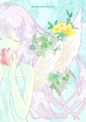 Rule 34 | 1girl, angel wings, apple, aqua background, bare shoulders, closed eyes, colored eyelashes, feathered wings, feathers, flower, food, fruit, highres, holding, holding food, holding fruit, kazamati soyoka, leaf, original, pastel colors, purple hair, shirt, signature, solo, spaghetti strap, split crop, tank top, white feathers, white shirt, white wings, wings, yellow flower