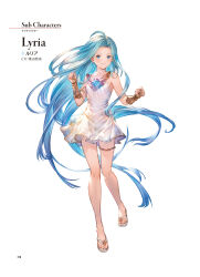 Rule 34 | 1girl, absurdres, ahoge, bare shoulders, blue eyes, blue hair, breasts, bridal gauntlets, character name, choker, closed mouth, collarbone, dress, full body, granblue fantasy, granblue fantasy versus, highres, long hair, looking at viewer, lyria (granblue fantasy), minaba hideo, official art, page number, parted bangs, sandals, scan, short dress, simple background, small breasts, smile, solo, strapless, strapless dress, thigh strap, toeless footwear, toes, very long hair, white dress