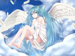 Rule 34 | 1girl, aqua eyes, aqua hair, bad id, bad pixiv id, bare shoulders, barefoot, bottomless, censored, cloud, convenient censoring, detached sleeves, dress, expressionless, feathers, feet, hatsune miku, heisei yutorin, hugging own legs, long hair, pale skin, revision, solo, twintails, very long hair, vocaloid, white dress, wings