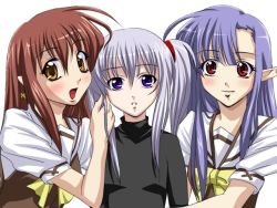 Rule 34 | 00s, 3girls, :d, blush, brown hair, hand in own hair, lisianthus, long hair, looking at viewer, multiple girls, nerine, open mouth, parted lips, pointy ears, primula, purple eyes, purple hair, red eyes, sanshita, school uniform, shuffle!, sidelocks, smile, yellow eyes
