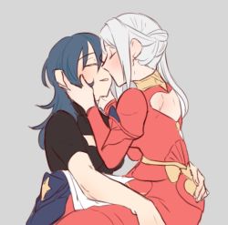 Rule 34 | 2girls, back, back cutout, black shirt, blush, byleth (female) (fire emblem), byleth (fire emblem), cleavage cutout, closed mouth, clothing cutout, collar, collared dress, commentary request, couple, dress, edelgard von hresvelg, fire emblem, fire emblem: three houses, from side, hair between eyes, hand on another&#039;s cheek, hand on another&#039;s face, hug, kiss, kissing cheek, long hair, long sleeves, multiple girls, nintendo, parted lips, puffy long sleeves, puffy sleeves, red dress, riromomo, shirt, short sleeves, side ponytail, sidelocks, sitting, smile, upper body, white hair, yuri