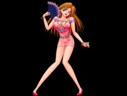 Rule 34 | 1girl, animated, animated gif, bad company (dr. tecmac), black background, bracelet, breasts, covered erect nipples, dress, full body, hand fan, jewelry, large breasts, looking at viewer, miniskirt, open mouth, orange hair, red eyes, shoes, simple background, skirt, solo, tagme