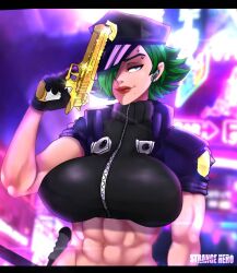Rule 34 | 1girl, 2020, abs, arm up, artist name, avis (strangehero), city lights, commentary, covered erect nipples, cropped jacket, dutch angle, earpiece, english commentary, female focus, gold, green eyes, green hair, gun, hair over one eye, half-closed eyes, handgun, hat, highres, holding, holding gun, holding weapon, looking at viewer, midriff, mole, mole under mouth, muscular, muscular female, neon lights, night, original, outdoors, piercing, pistol, police, police hat, police uniform, policewoman, red lips, short hair, smirk, solo, strangehero, sweater, turtleneck, turtleneck sweater, uniform, upper body, weapon
