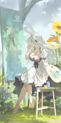 Rule 34 | 1girl, absurdres, animal ears, apron, barefoot, black dress, blue nails, breasts, canvas (object), closed mouth, dated, day, dress, female focus, floating hair, flower, full body, grass, highres, holding, holding paintbrush, holding palette, large breasts, long hair, maid headdress, original, paintbrush, painting (object), palette (object), rabbit ears, revision, ribao, short sleeves, signature, sitting, solo, white apron, white hair, yellow flower