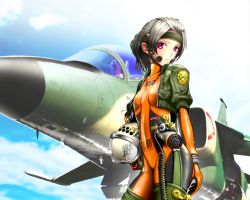 Rule 34 | 1girl, aircraft, airplane, bodysuit, fighter jet, gloves, jacket, jet, looking at viewer, military, military vehicle, original, red eyes, shiny clothes, short ponytail, skin tight, solo, suzuki tadatomo, vehicle focus, white hair