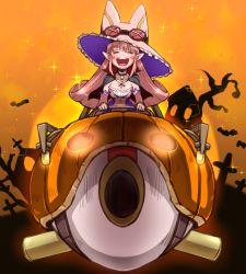 Rule 34 | 1girl, capelet, closed eyes, fate/grand order, fate (series), habetrot (fate), halloween costume, hat, highres, jack-o&#039;-lantern, long hair, orange background, pink hair, pointy ears, riding, taru neko, witch hat