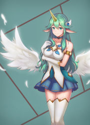 Rule 34 | 1girl, alternate costume, alternate hair color, angel wings, blush, breast hold, breasts, elbow gloves, gloves, green eyes, green hair, hair ornament, highres, horns, league of legends, long hair, looking at viewer, magical girl, medium breasts, miniskirt, pointy ears, shiny skin, single horn, skirt, smile, solo, soraka (league of legends), staff, standing, star guardian (league of legends), star guardian soraka, thighhighs, white gloves, white thighhighs, wings, zettai ryouiki