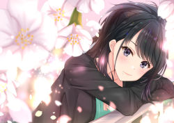 Rule 34 | 1girl, black hair, black jacket, blue eyes, closed mouth, crossed arms, highres, idolmaster, idolmaster shiny colors, jacket, kazano hiori, long hair, long sleeves, looking at viewer, mole, mole under eye, open clothes, open jacket, simple background, smile, solo, swept bangs, upper body, white background, yuzuyu (hyui)