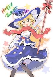 Rule 34 | 1girl, :d, adapted costume, arm up, asymmetrical hair, belt, black pantyhose, blonde hair, bloomers, blush, bow, braid, broom, fur trim, hair bow, happy new year, hat, hat bow, kirisame marisa, long hair, midriff peek, navel, new year, open mouth, pantyhose, pigeon-toed, puuakachan, scarf, side braid, smile, solo, star (symbol), touhou, underwear, very long hair, white background, winter clothes, witch hat, yellow eyes