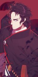Rule 34 | 1boy, bad id, bad pixiv id, black hair, cloak, fate/grand order, fate (series), highres, hijikata toshizou (fate), male focus, mie nabe, red background, red eyes, simple background, solo, sword, upper body, weapon