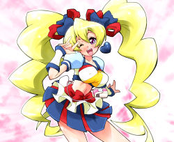 Rule 34 | 1girl, ;d, alternate form, blonde hair, blue skirt, bow, cosplay, crop top, cure honey, cure honey (cosplay), cure honey (popcorn cheer), cure peach, earrings, fresh precure!, happinesscharge precure!, iruka-margarine, jewelry, long hair, look-alike, m/, magical girl, md5 mismatch, midriff, miniskirt, momozono love, multicolored clothes, multicolored skirt, one eye closed, open mouth, precure, purple eyes, resolution mismatch, ryuuta (cure ryuuta), skirt, smile, solo, source smaller, twintails, waist bow, wrist cuffs