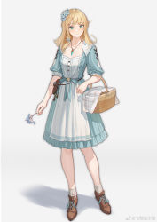 Rule 34 | 1girl, ankle socks, aqua eyes, basket, blonde hair, blue bow, blue dress, blue flower, bow, brown footwear, collarbone, cross-laced footwear, dress, dress bow, fanny pack, flower, fly tutu, frilled dress, frills, full body, hair flower, hair ornament, highres, holding, holding basket, holding flower, jewelry, long hair, looking at viewer, necklace, original, oxfords, picnic basket, puffy short sleeves, puffy sleeves, shoes, short sleeves, smile, socks, solo, standing, two-tone dress, weibo logo, weibo watermark, white dress, white flower, white socks