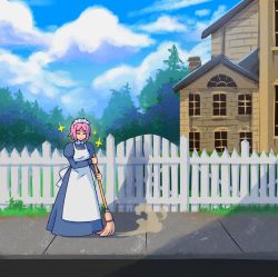 Rule 34 | 1girl, akairiot, apron, blue sky, broom, building, closed eyes, cloud, cloudy sky, day, dress, fence, full body, gate, grey dress, highres, holding, holding broom, house, juliet sleeves, long sleeves, maid, maid apron, maid headdress, original, outdoors, picket fence, pink hair, puffy sleeves, short hair, sidewalk, sky, smile, solo, sparkle, standing, sweeping, tree, white apron, wide shot, window, wooden fence