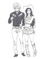 Rule 34 | 1boy, 1girl, bare shoulders, belt, black hair, blush, boots, breasts, cleavage, cloud strife, couple, cowboy boots, cowboy hat, cowgirl (western), earrings, final fantasy, final fantasy vii, final fantasy vii remake, gloves, greyscale, hat, highres, holding another&#039;s arm, jewelry, large breasts, long hair, midriff, monochrome, navel, open mouth, pants, shirt, skirt, spiked hair, spykeee, tifa lockhart, tifa lockhart (cowgirl), white background