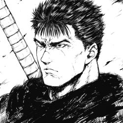 Rule 34 | 1boy, berserk, closed mouth, commentary, dragonslayer (sword), frown, greyscale, guts (berserk), male focus, monochrome, one eye closed, portrait, scar, scar on face, scar on nose, short hair, shu-mai, simple background, solo, upper body, weapon, weapon on back, white background