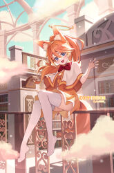 Rule 34 | 1girl, :d, animal ear fluff, animal ears, blue eyes, blue sky, book, bookshelf, capelet, cloud, commentary, commission, day, dress, hair between eyes, halo, hand up, highres, indoors, long hair, looking at viewer, maplestory, no shoes, on railing, open mouth, orange dress, orange hair, pine (angel4195202), ponytail, railing, sitting, sky, smile, solo, tail, thighhighs, very long hair, white capelet, white thighhighs