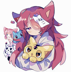 Rule 34 | 2girls, :&lt;, :d, :o, :|, animal, animal ears, blue cat, blue eyes, blush, blush stickers, cat, cat ears, cat hair ornament, chibi, closed mouth, demon tail, dot nose, hair ornament, hair over one eye, hairclip, half-closed eyes, heterochromia, highres, holding, holding animal, holding cat, hood, hoodie, horns, light blush, long hair, looking at viewer, multiple girls, open mouth, original, paper, paper on head, pink eyes, pink hair, red eyes, red hair, simple background, single horn, smile, tail, twintails, uenomigi, upper body, wavy hair, whiskers, white background, white hoodie, yellow cat