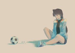 Rule 34 | 1girl, ball, black shirt, blue footwear, blue jacket, blue shorts, brown background, brown hair, closed mouth, commentary, dated, fur-trimmed hood, fur trim, hood, hood down, jacket, long hair, looking to the side, meitantei conan, mouri ran, open clothes, open jacket, shirt, shoes, short shorts, shorts, signature, sitting, sneakers, soccer ball, socks, solo, white socks, xiaobanbei milk