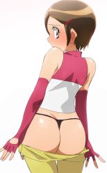 Rule 34 | 1girl, ass, bare shoulders, blush, brown eyes, brown hair, clothes pull, digimon, digimon adventure 02, elbow gloves, fingerless gloves, from behind, gloves, highres, looking at viewer, looking back, oimanji, pants, pants pull, short hair, sleeveless, solo, thong, white background, yagami hikari