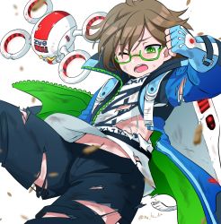 Rule 34 | 1boy, ;o, ahoge, bag, blue gloves, blue jacket, blue shorts, blurry, blurry foreground, blush, brown hair, clenched hand, clothes writing, commentary request, cowboy shot, crack, cracked glass, drone, fingerless gloves, glasses, gloves, green-framed eyewear, green eyes, hair between eyes, jacket, kick-flight, long sleeves, male focus, midriff peek, nafuda, navel, one eye closed, open clothes, open jacket, owlbert (kick-flight), semi-rimless eyewear, shirt, shorts, sidelocks, simple background, solo focus, sweatdrop, t-shirt, teeth, torn clothes, torn jacket, torn shirt, torn shorts, twitter username, white background, white shirt