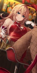 Rule 34 | 1girl, absurdres, alcohol, bare shoulders, blonde hair, blue eyes, bottle, bow, breasts, character request, crossed legs, cup, detached collar, drinking glass, fishnets, glass table, gloves, hair intakes, highres, kakutasu, leotard, long hair, looking at viewer, playboy bunny, red bow, red leotard, solo, table, wine glass