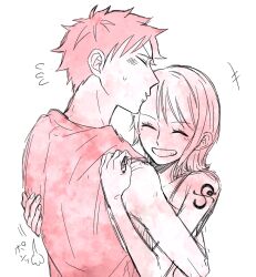 Rule 34 | 1boy, 1girl, couple, flustered, grin, highres, hug, kiss, kissing forehead, laughing, monkey d. luffy, myb iai0505, nami (one piece), one piece, short hair, sketch, smile, tattoo