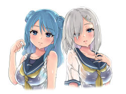Rule 34 | 10s, beret, blue eyes, blue hair, blush, breasts, collarbone, commentary request, double bun, eyes visible through hair, hair ornament, hair over one eye, hairclip, hamakaze (kancolle), hat, kantai collection, large breasts, looking at viewer, neckerchief, sailor hat, sarfata, school uniform, see-through, serafuku, short hair, silver hair, sleeves rolled up, smile, urakaze (kancolle), wet, wet clothes, white background, yellow neckerchief
